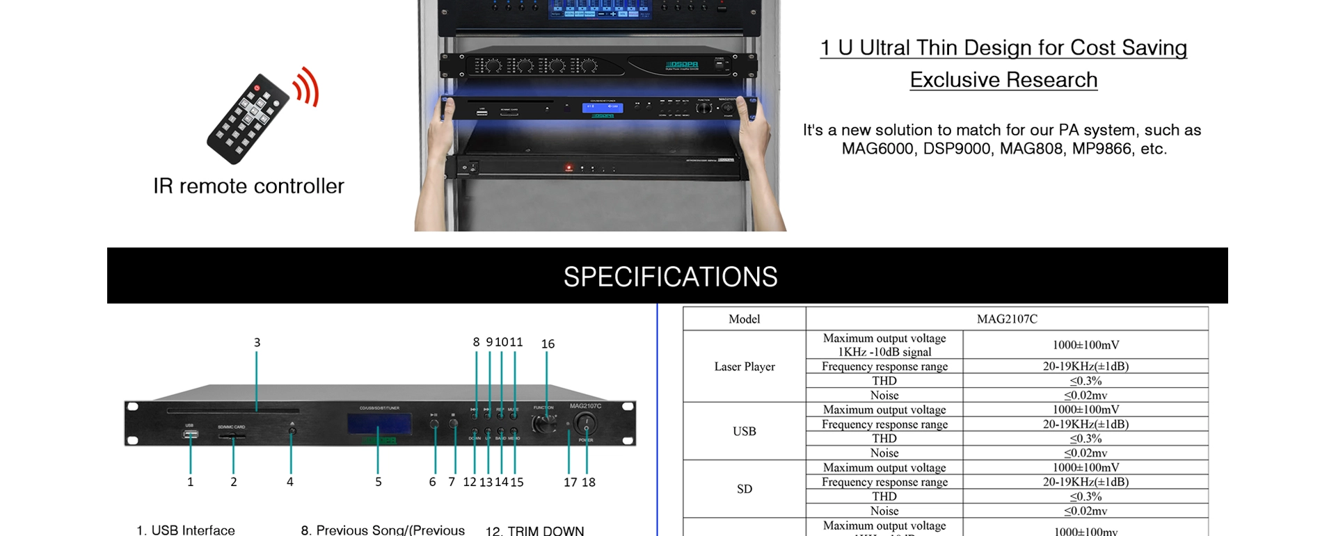 Máy phát đa phương tiện CD Rackmount đa kênh với CD/USB/FM/Bluetooth