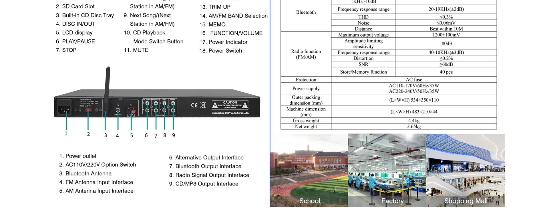 Máy phát đa phương tiện CD Rackmount đa kênh với CD/USB/FM/Bluetooth